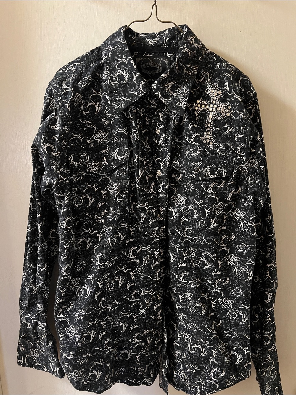 Black Paisley Button-Down Shirt with Rhinestone Cross - Kids